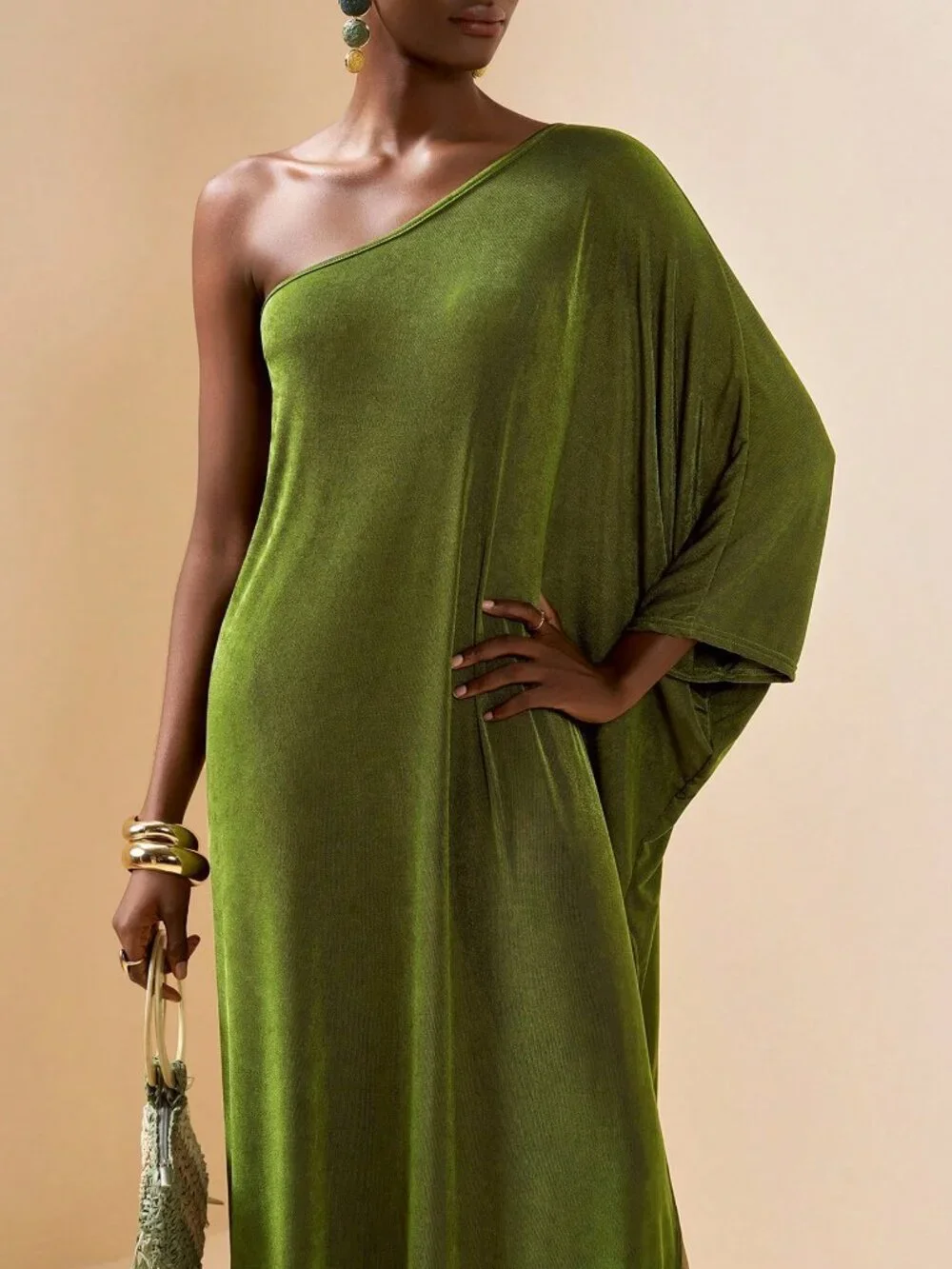 Army Green Elegant Women's One-Shoulder Robe Beach Cover-Up_5